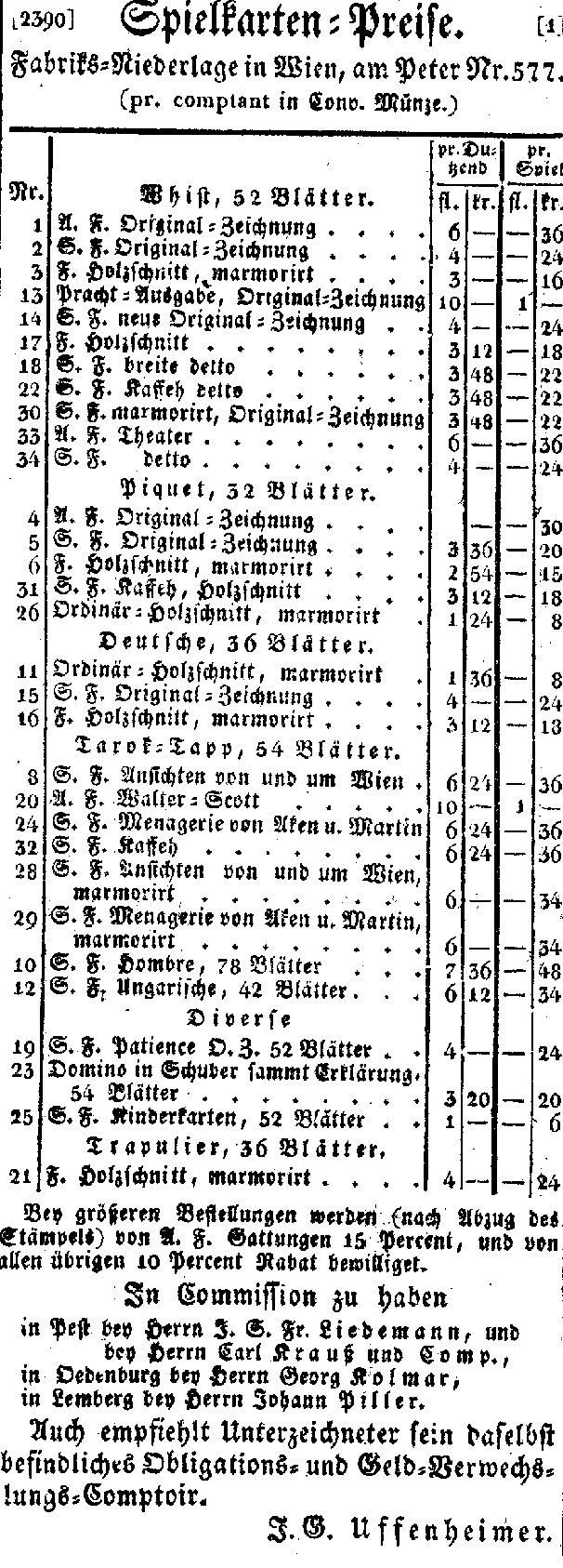Preisliste 1833